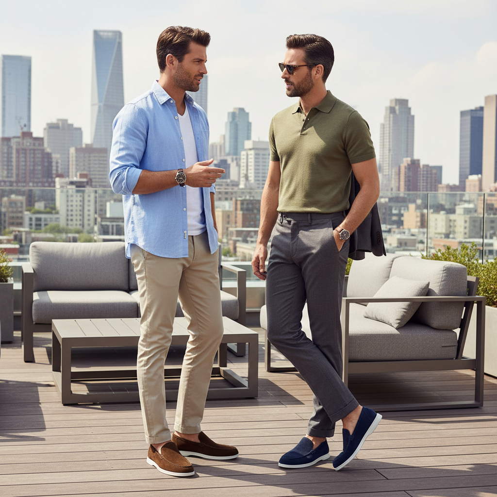 Two men standing on a rooftop with a city skyline in the background wearing the shoes. One person is wearing the gray pair and  the other is wearing the Navy Blue Pair 