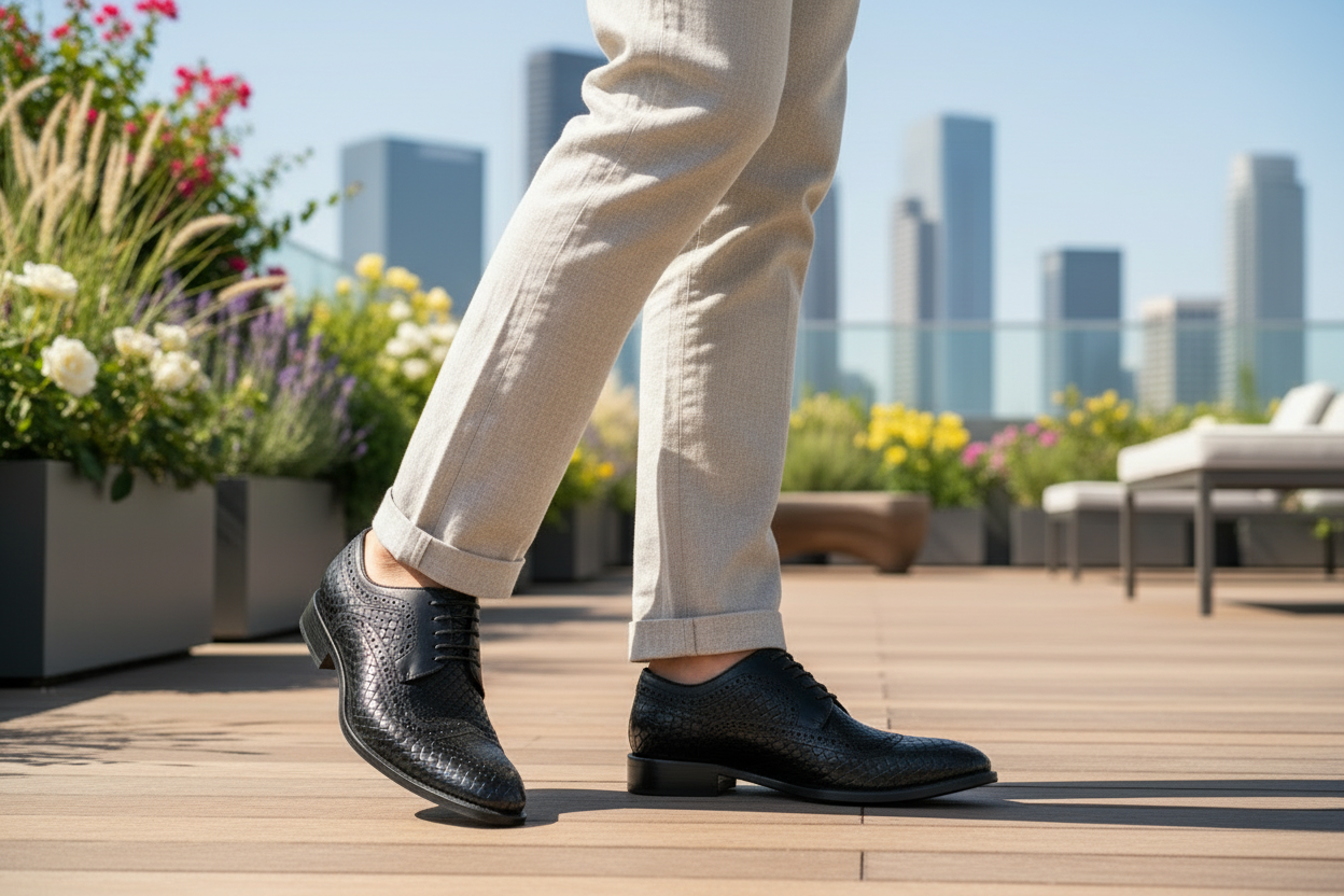 Person wearing black dress shoes on a rooftop with city skyline in the background
