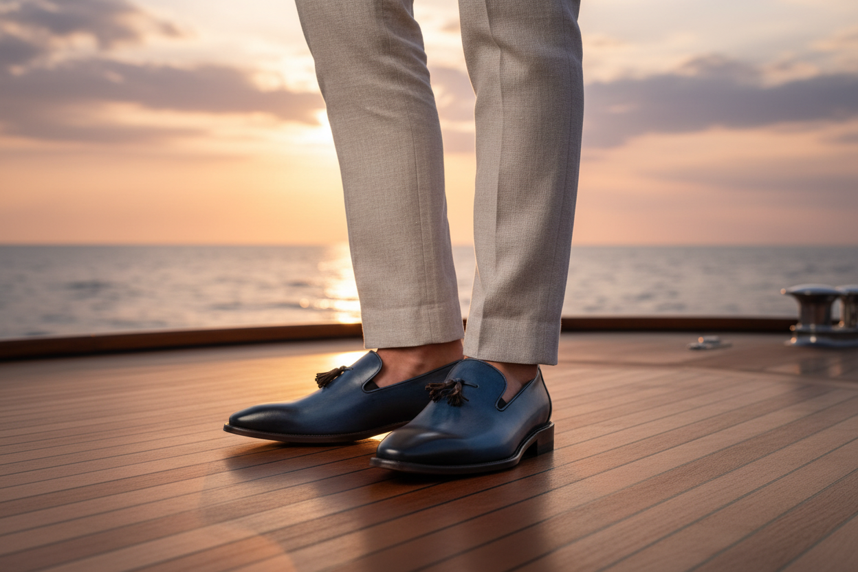 Person wearing the blue slip-on shoes and beige pants standing on a wooden deck with a sunset over water in the background.