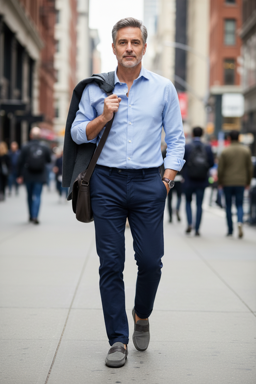 Man walking on a city street wearing a light blue shirt and dark blue pants, wearing the gray loafers