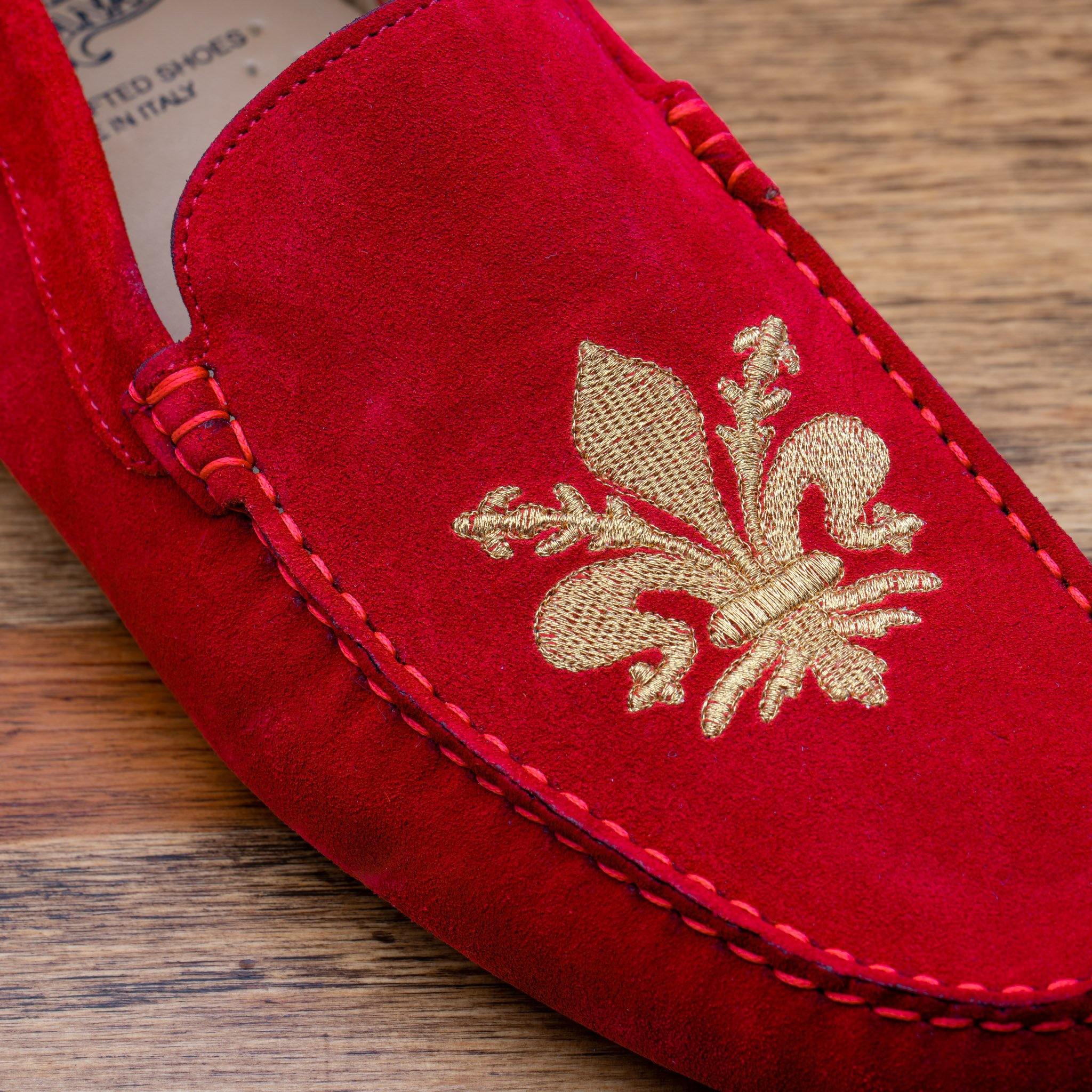 Up close picture of the gold embroidered fleur di Lis on 5303 Calzoleria Toscana Red Venetian Suede Driver