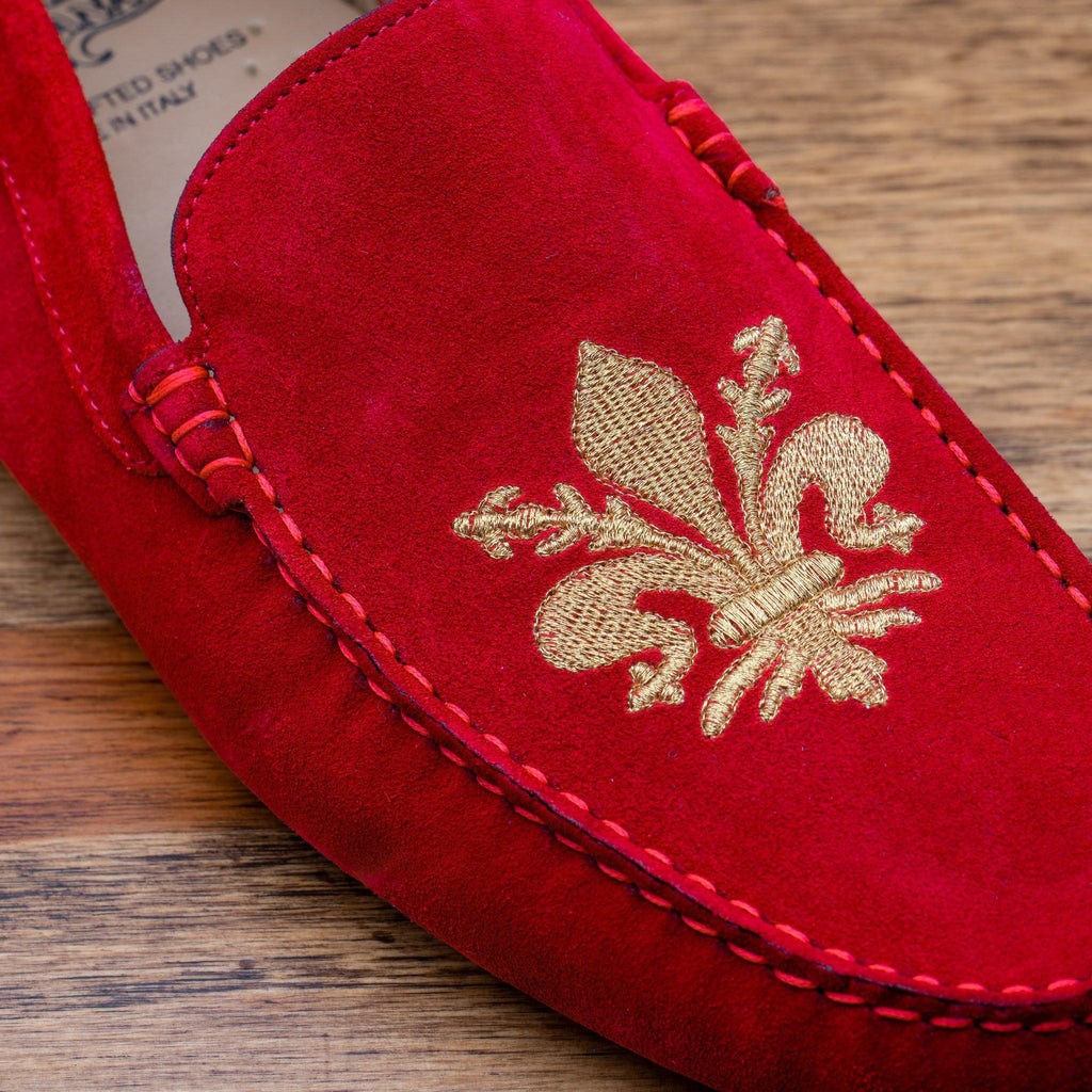 Up close picture of the gold embroidered fleur di Lis on 5303 Calzoleria Toscana Red Venetian Suede Driver