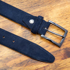 Up close picture of the nickle buckle and velour suede details on C1499 Calzoleria Toscana Blue Velour Suede Belt